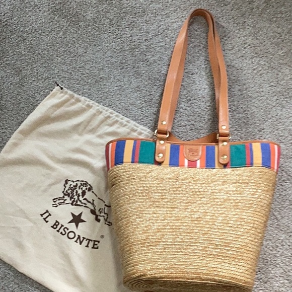 Il Bisonte Natural Straw Basket / Tote with Multicolor Trim and leather straps. - Picture 1 of 9